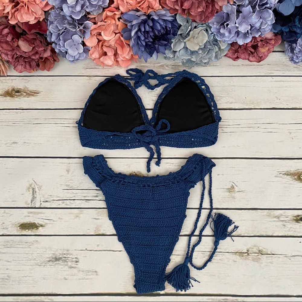 Boho Handmade Blue Shell Crochet Bikini with Beads - Picture 12 of 16